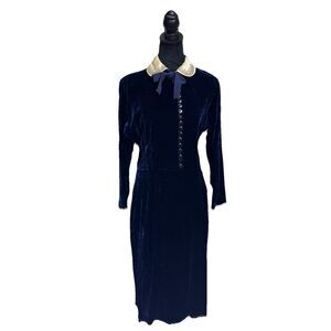 VTG 30’s Blue Velvet Dress Satin Beaded Collar Handmade Midi Column S Blue